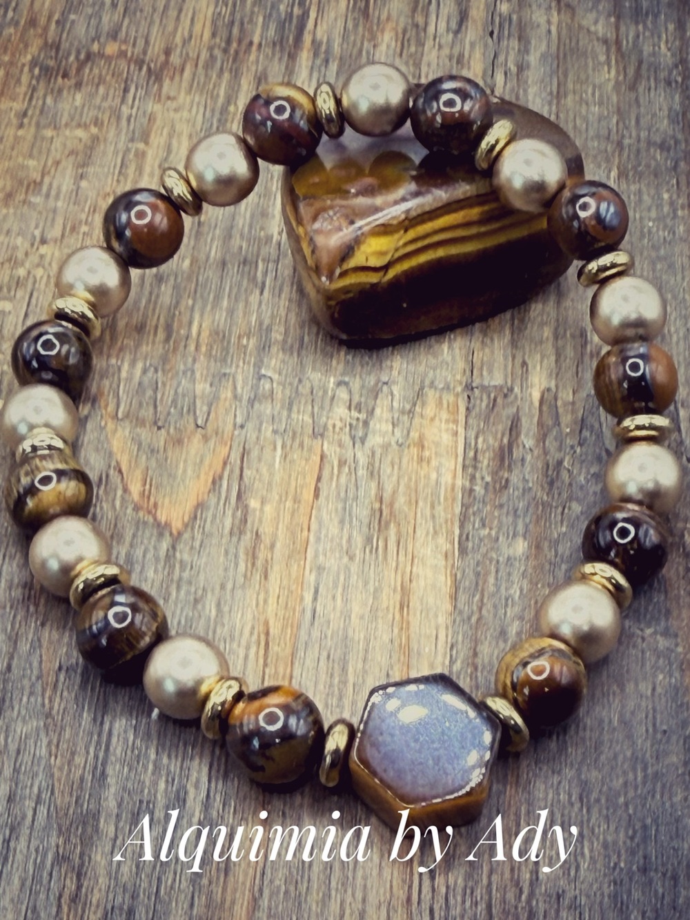 Alquimia Brown Tiger Eye, Cream Pearl & Gold Accent Bracelet